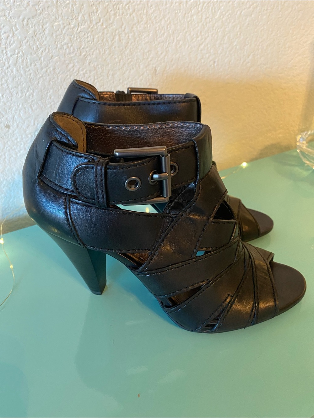 Coach Black Leather Strappy Peep-Toe Heels with Buckle